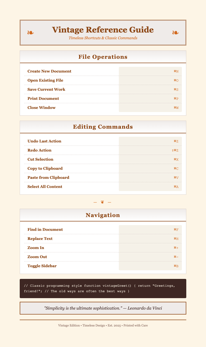 Retro vintage quick reference